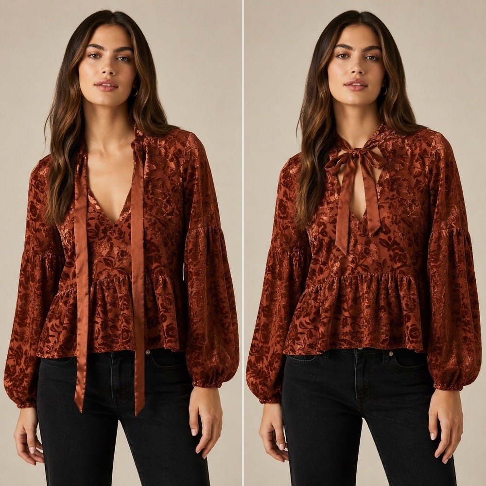 Anthropologie Floral Burnout Velvet Babydoll Blouse Women's L Rust Romantic Boho